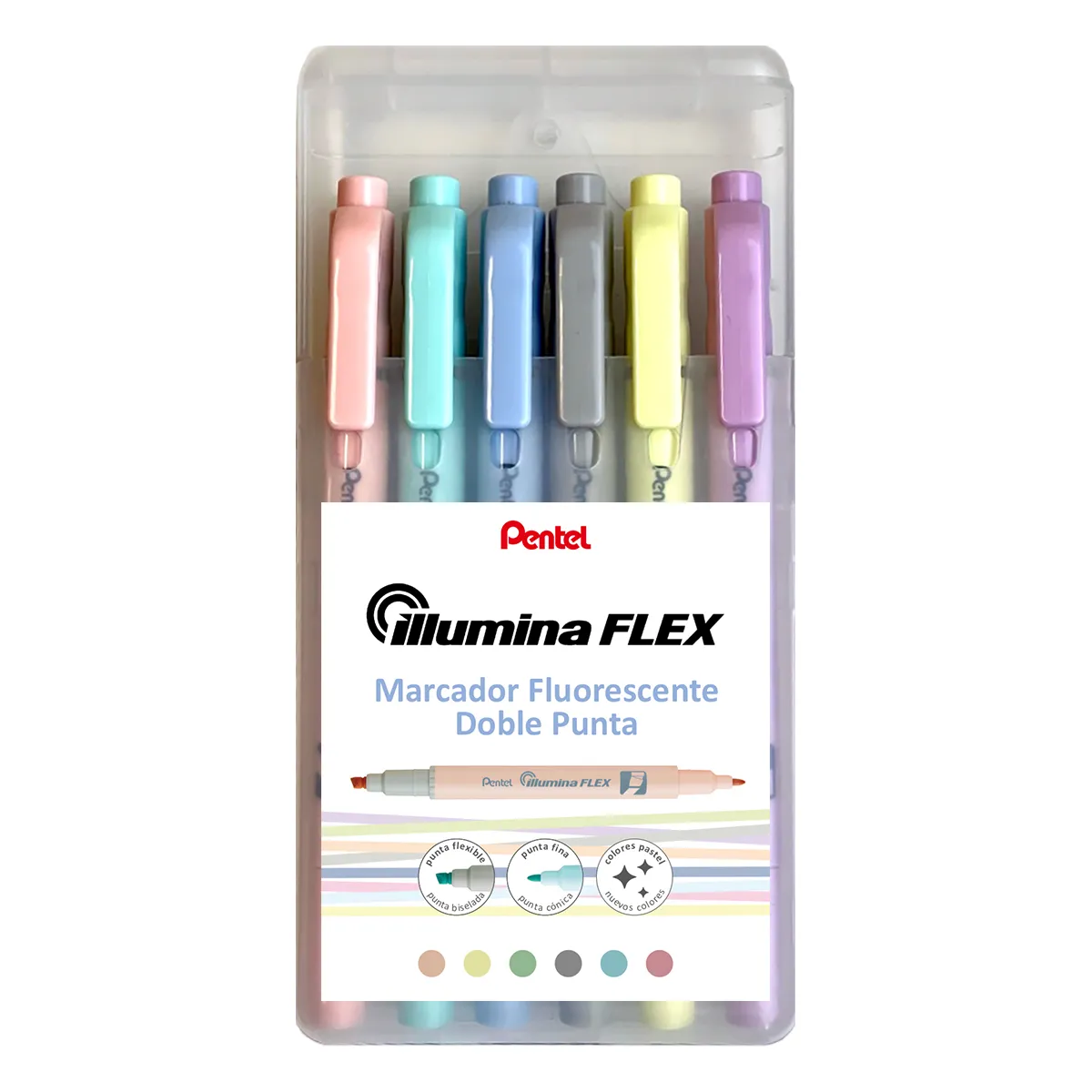 Pentel Illumina Flex Pack de 6 Marcadores Fluorescentes Doble Punta - Biselada Trazo entre 1.5 a 3.5